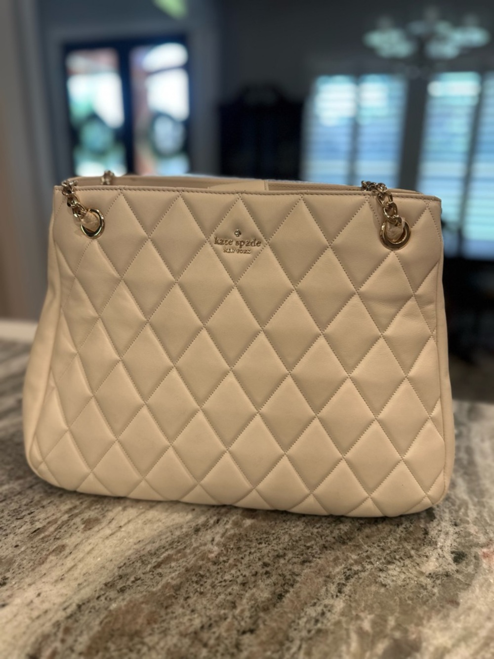 NWT. Kate Spade Quilted Cream Shoulder Tote with Gold Chain Details